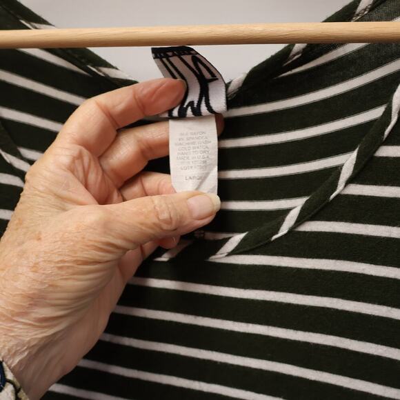 TMG Dress Olive White Stripe Asymmetric Hem Cap Sleeve Round Neck SZ Large - Picture 3 of 12